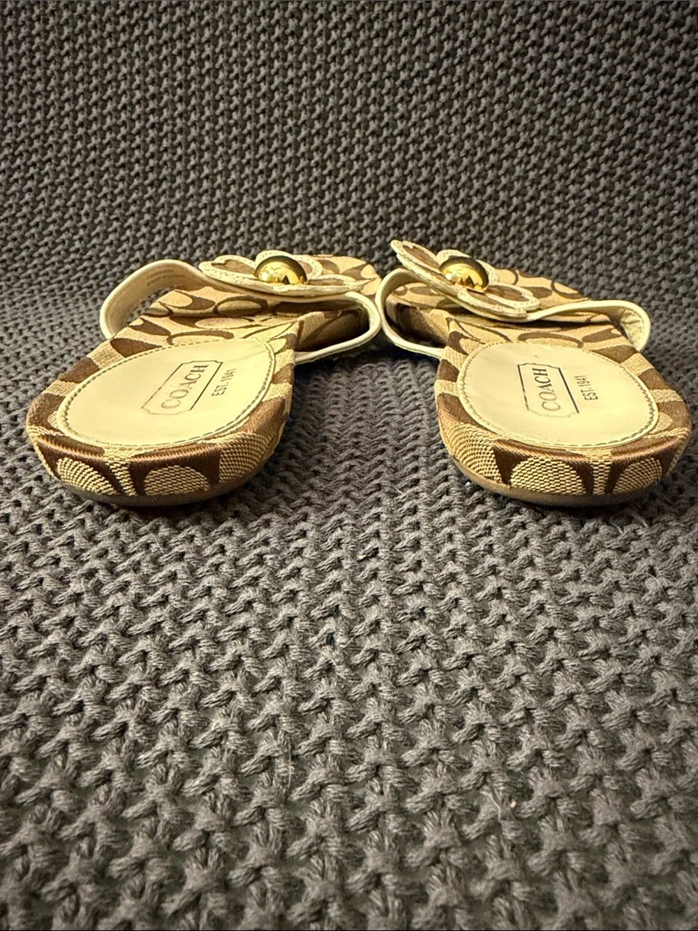Coach Beige Signature Floral Thong Sandals with Gold Accent